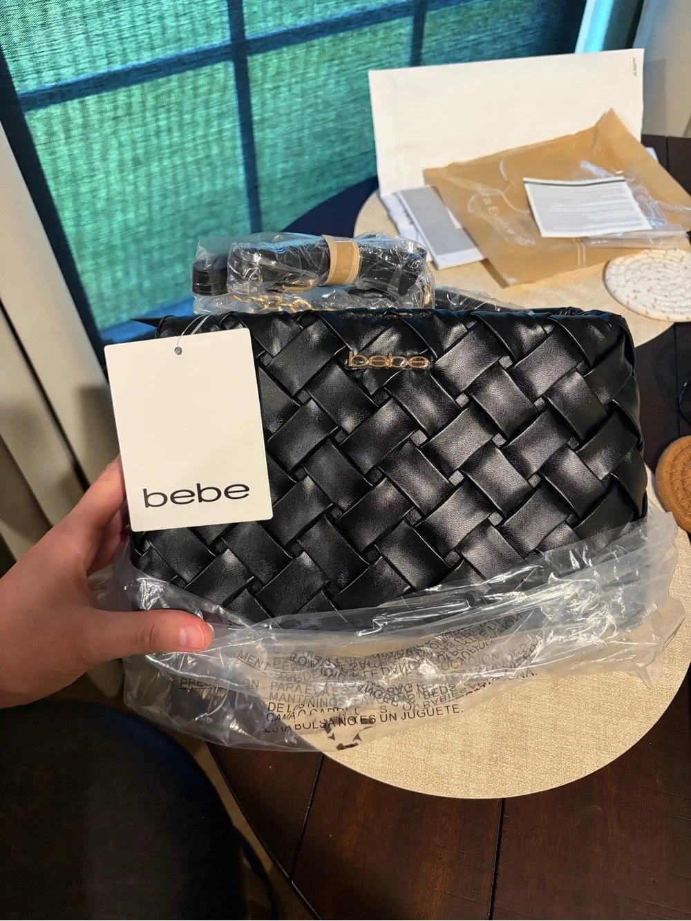 bebe Black Woven Satchel with Gold-Tone Chain and Matching Wallet